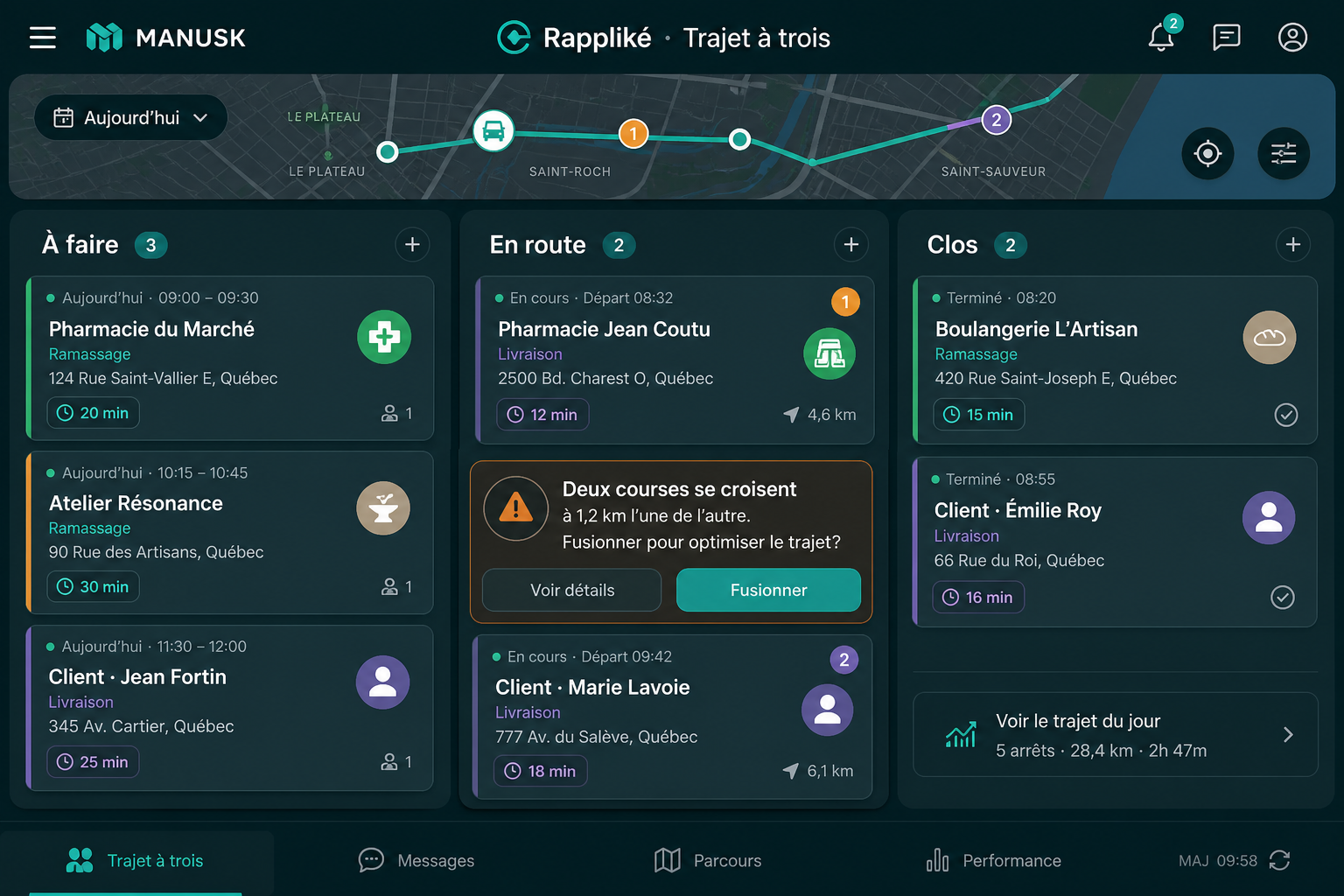 Trajet à trois — tableau ops et fusion de courses